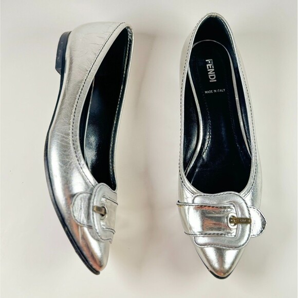 Fendi Baguette FF Leather Buckle Flat Slide Sandals  Fendi Womens Sandals Silver Leather Ballet Flat Slip On Buckle Italian 38.5 US 8